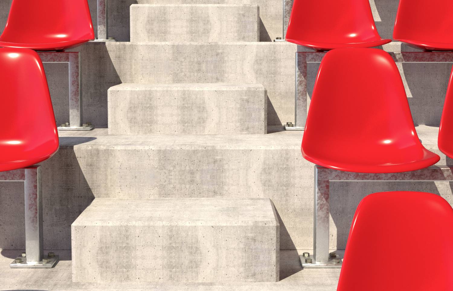Een aanblik van lege, rood glanzende plastic stoelen op een stadiontrrede. De stoelen zijn gelijkmatig gerangschikt.
