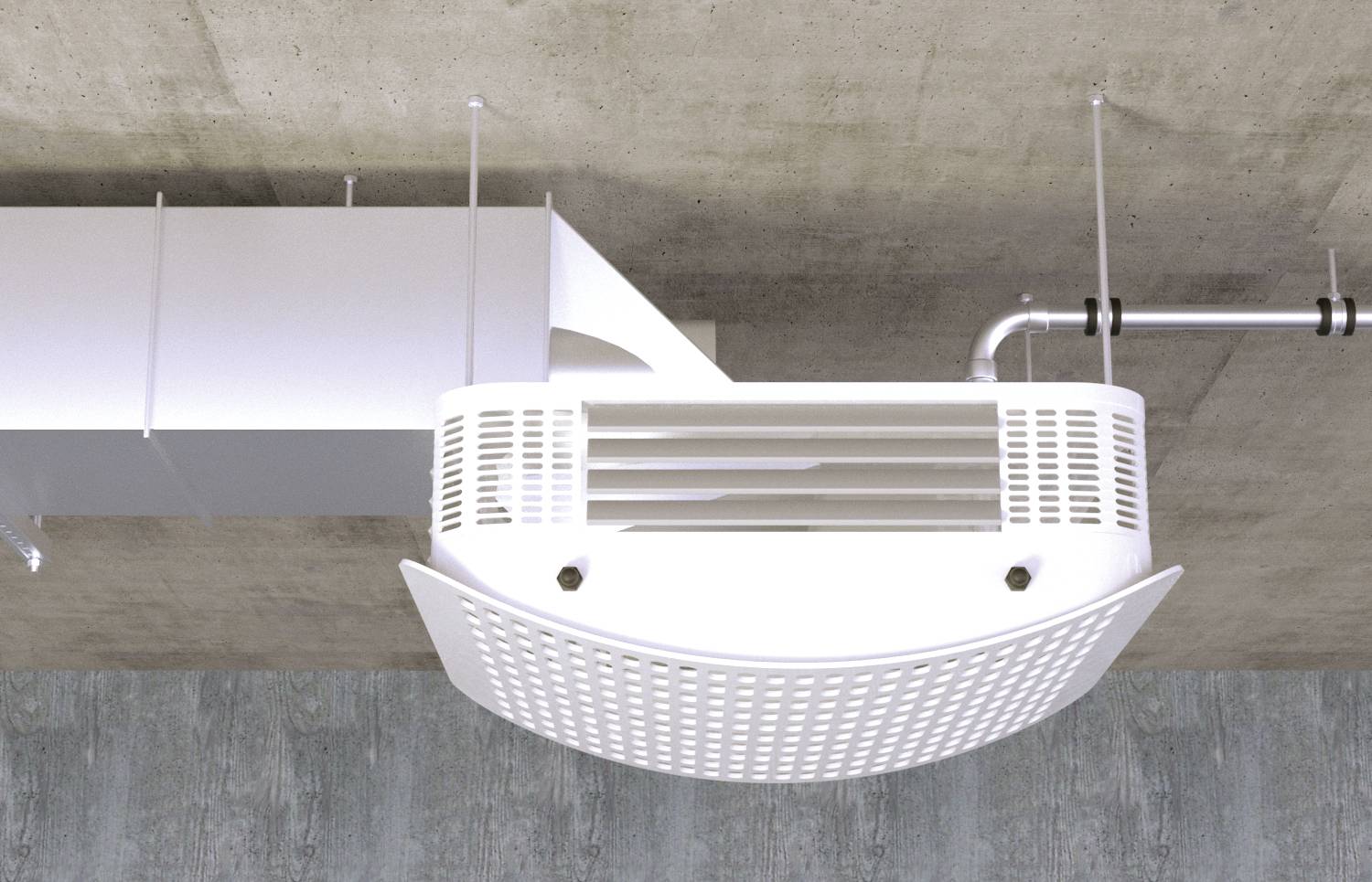Witte plafondventilator in een moderne ruimte, bevestigd aan een betonnen oppervlak, met zichtbaar ventilatiekanaal en metalen buizen.