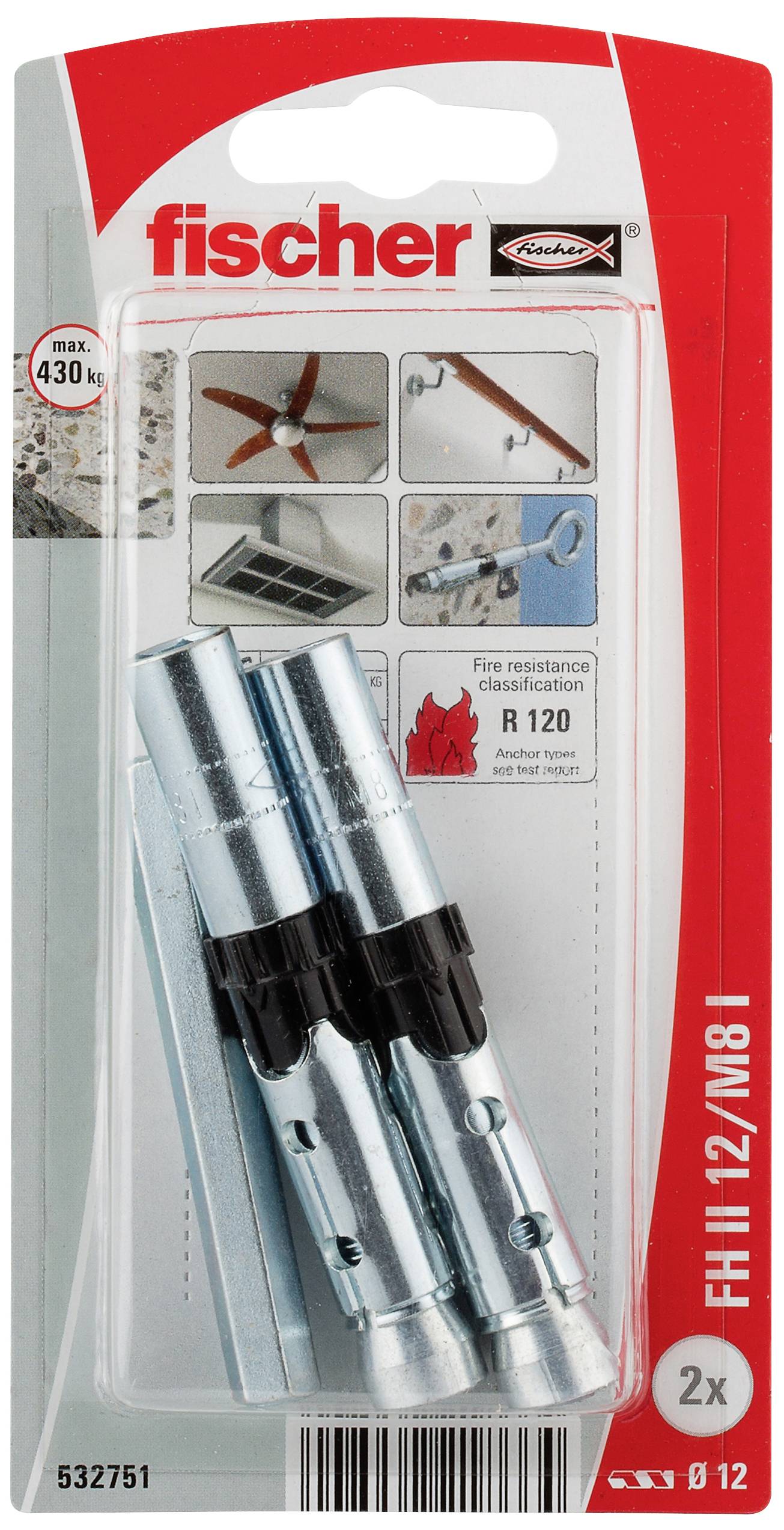 Fischer-deuvelset FH II 12/M8 I, geschikt voor lasten tot 430 kg, inclusief montagehandleiding met afbeeldingen, 2 stuks.