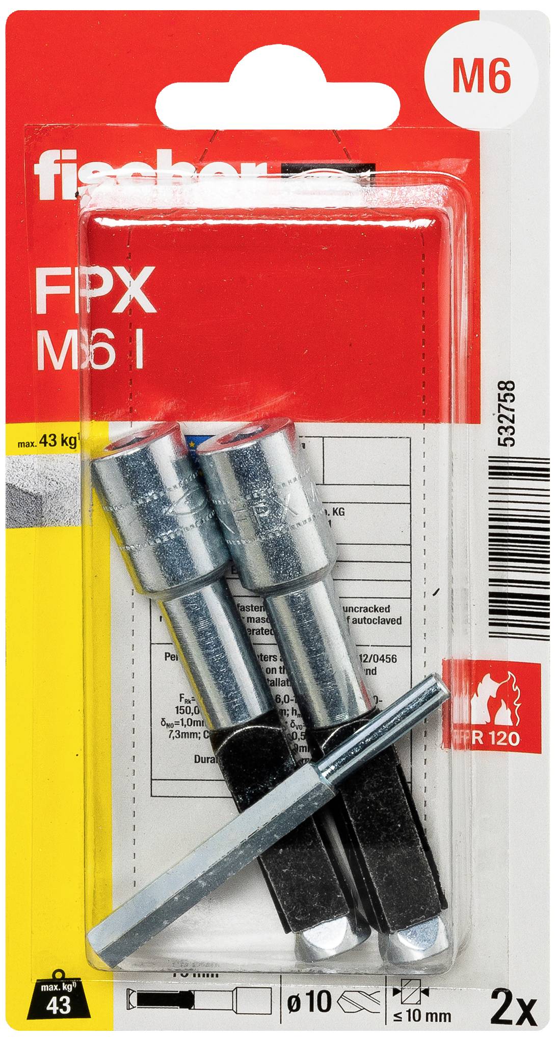 Twee Fischer FPX M6 I verankeringsboutjes in een blisterverpakking met een rode achtergrond en M6-markering rechtsboven.