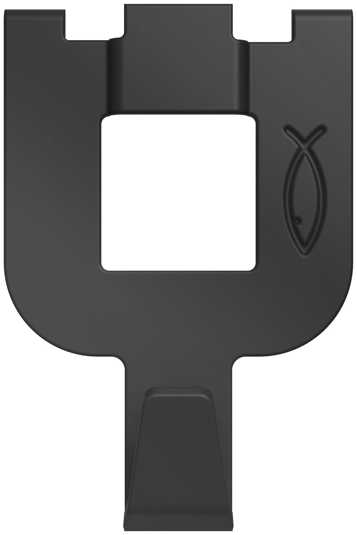 Zwarte USB-C naar standaard USB-adapter met een witte poortopening en een klein vislogo aan de rechterkant.