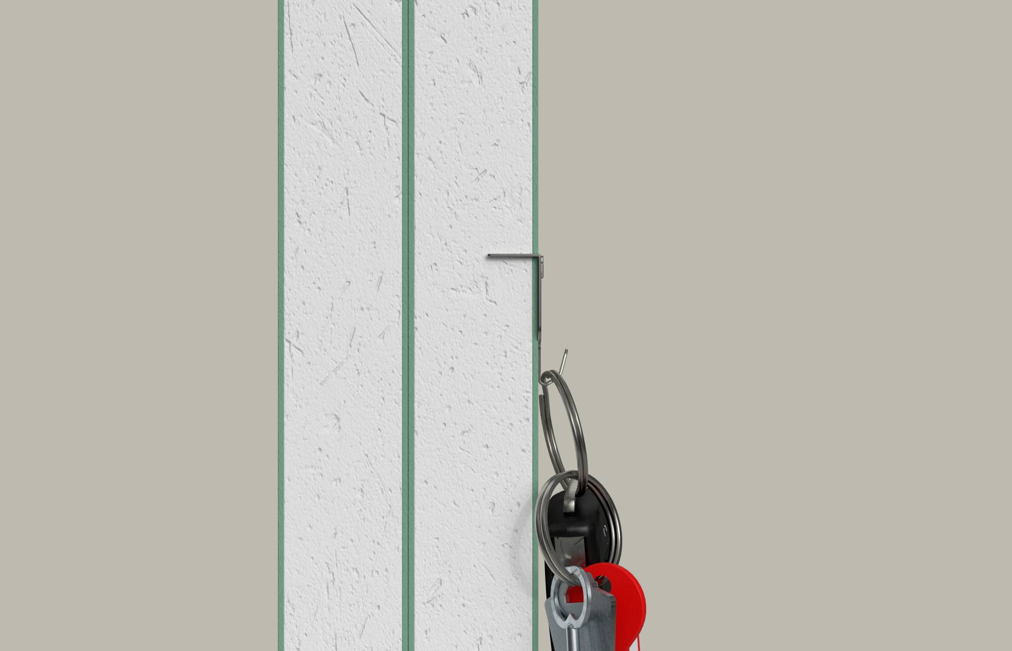 Close-up van een wit paneel met een metalen sleutelslot en rood etiket, wat op beveiligde toegang of een afgesloten kast duidt.