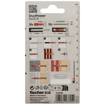 Pakketlabel voor Fischertechnik DuoPower 5x25 S muurplug, met informatie over plugmaat, boorgatafmetingen, installatiehandelingen en recyclingpictogrammen.