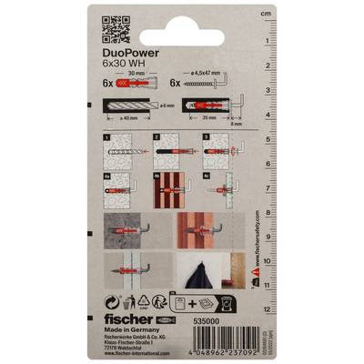 Pakketlabel voor Fischer DuoPower 6x30 WH wandstekkers, met 6 mm boor, installatiehandleidingen, afmetingen en streepjescode.