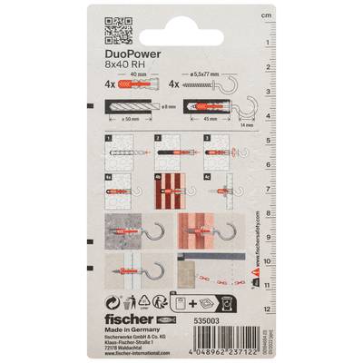 # Fischer DuoPower 8x40 RH wandplug instructies pakket met afmetingen, boorgaten, schroefmaten en stap-voor-stap installatiehandleidingen.