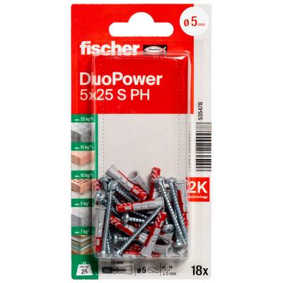 Pak Fischer DuoPower 5x25 S PH muurpluggen en schroeven, 18-delige set, voor gaten van 5 mm boordiameter.