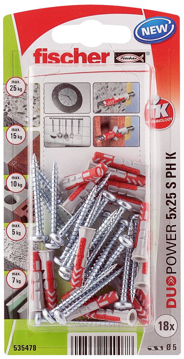 Verpakking met Fischer-pluggen en schroeven, geschikt voor verschillende wandtypes. Bovenkant toont gewichtslimieten en toepassingen.