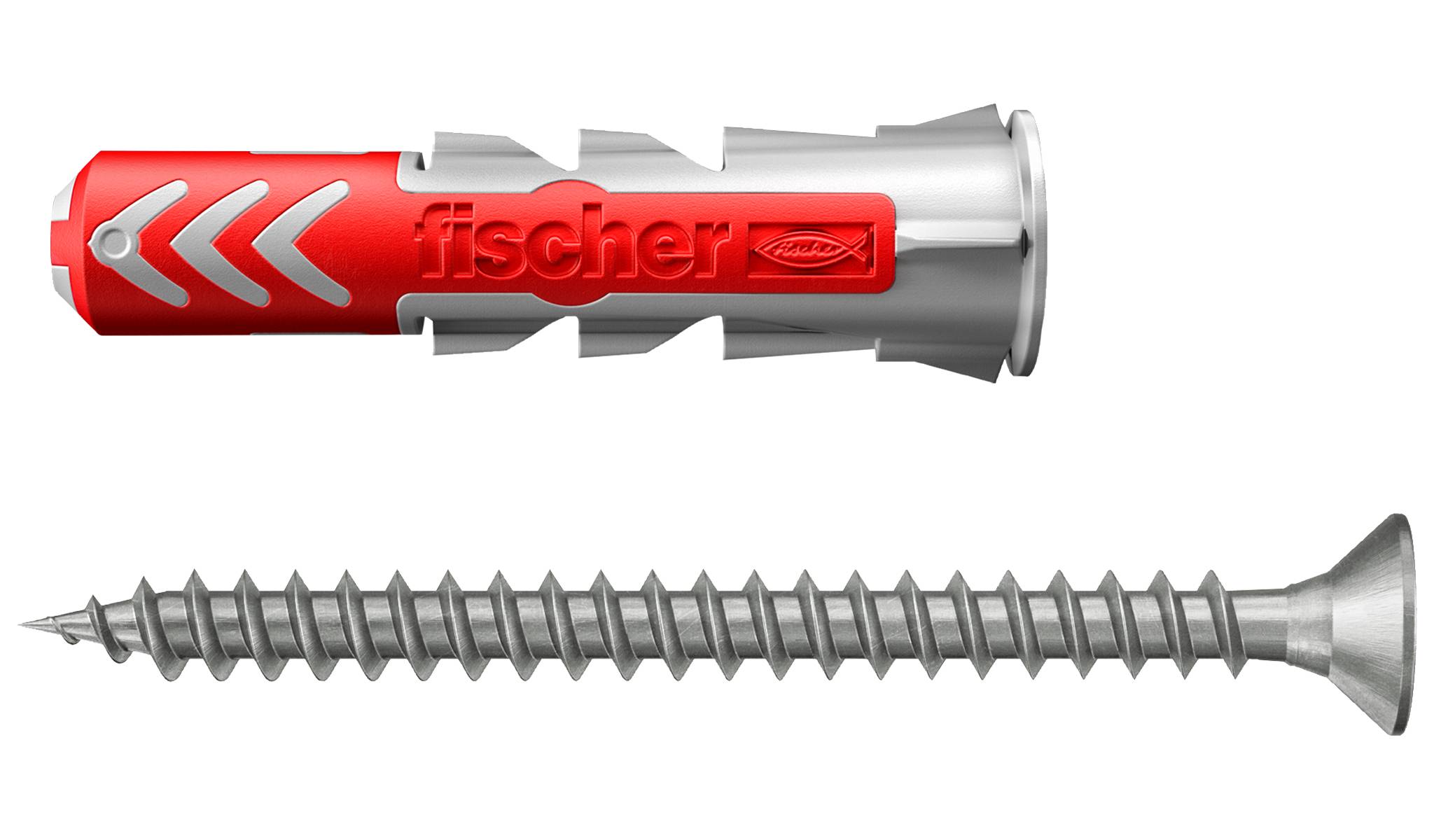 Afbeelding toont een rode Fischer wandplug en een zilveren schroef-/ankerbevestiger naast elkaar op een witte achtergrond.