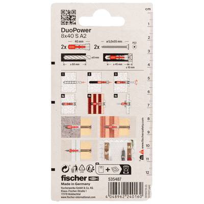 Pakket Fischer DuoPower 8x40 S A2 pluggen met geïllustreerde installatiehandleiding, afmetingen en streepjescode op witte achtergrondkaart.