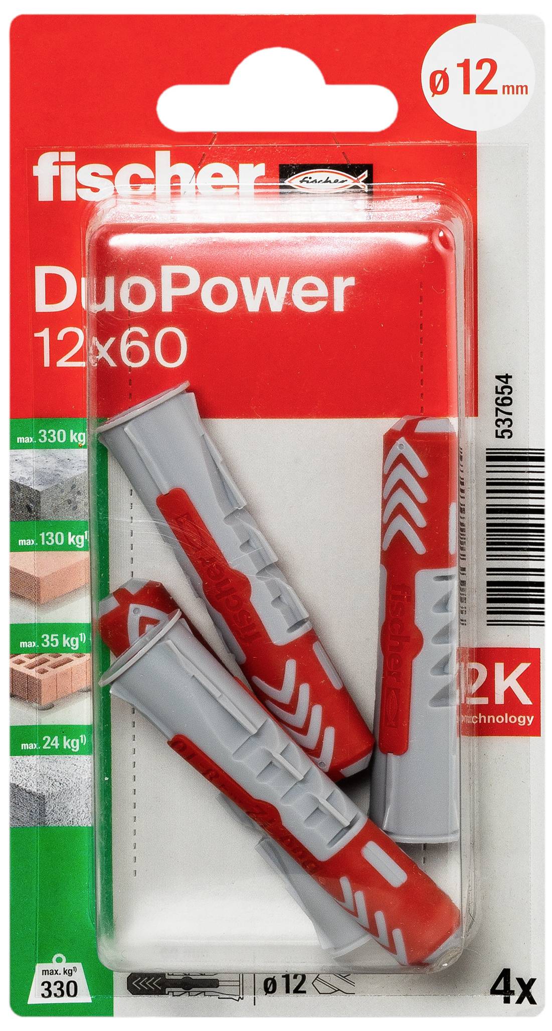 Vier Fischer DuoPower 12x60 mm pluggen in één verpakking. Draagvermogen tot 330 kg. Geschikt voor verschillende bouwmaterialen.