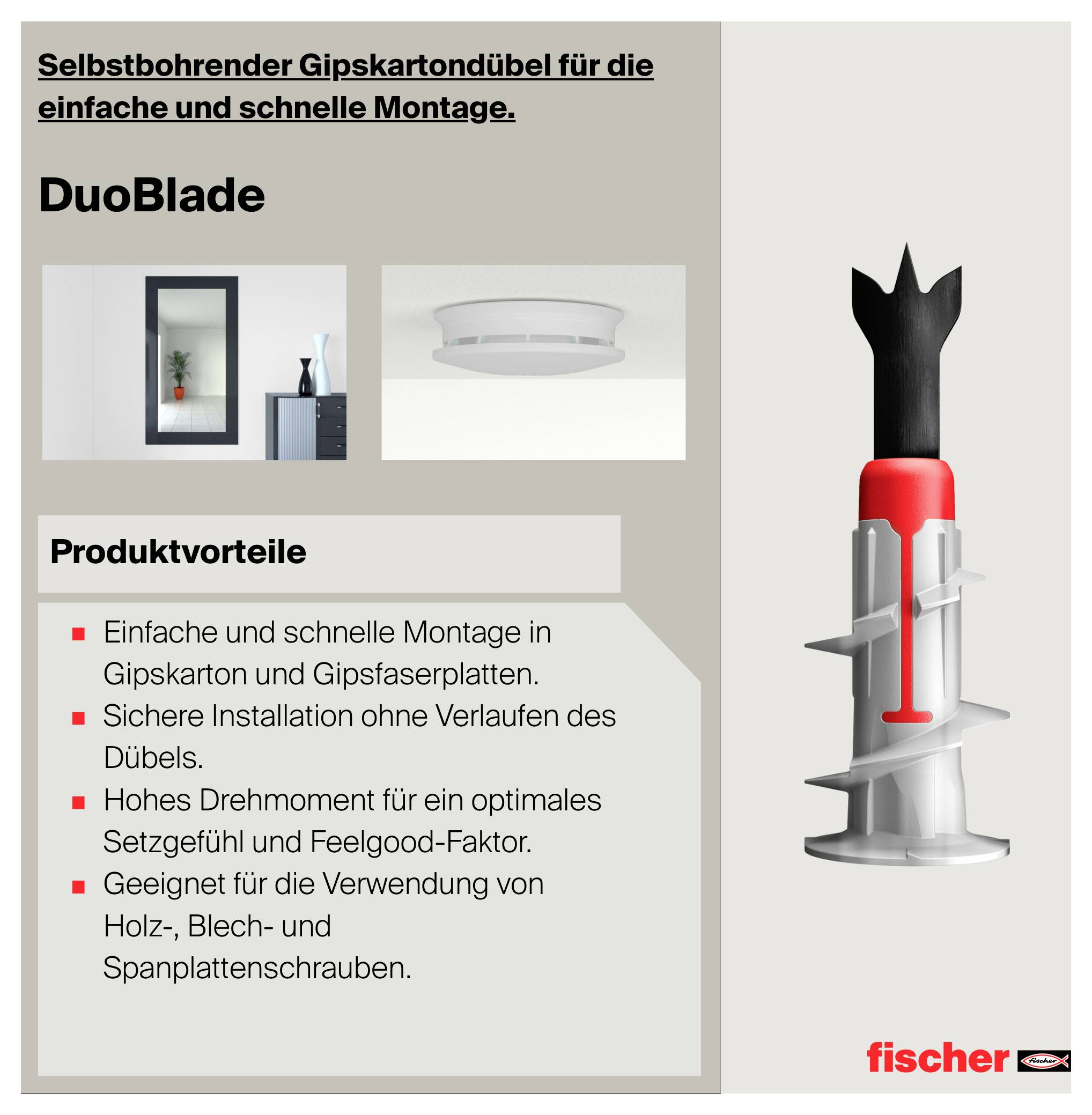 Reclame-afbeelding voor de gipsplaatplug 'DuoBlade' van fischer met productafbeelding en voordelen-tekst over snelle, veilige montage in gipsplaten en gipsvezelborden.