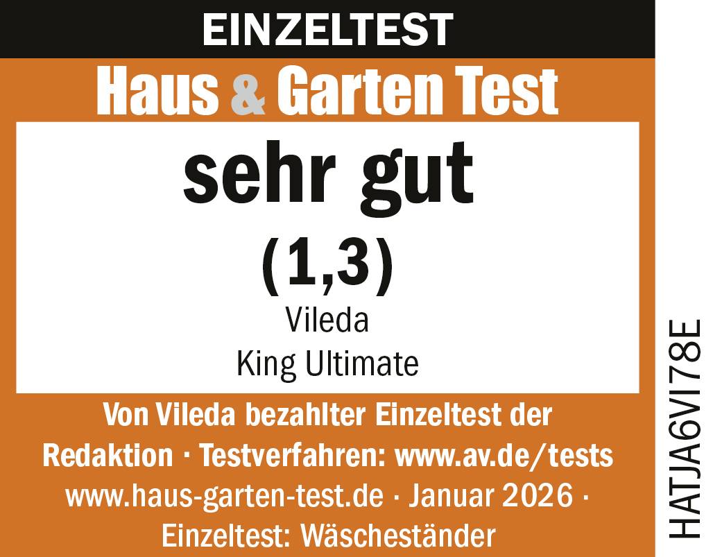 Testplaatje voor wasrekken: 'Huis & Tuin Test' beoordeelt Vileda King Ultimate met 'zeer goed' (1,3), januari 2026.
