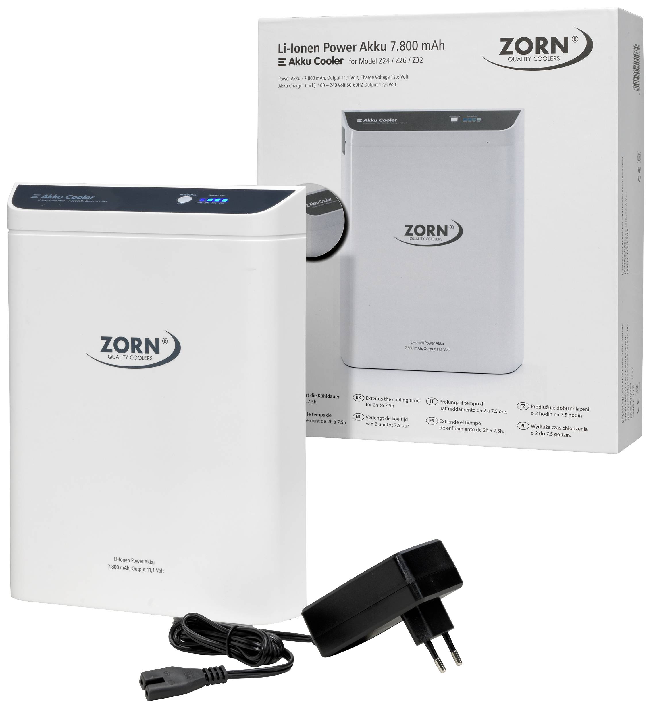 Witte Li-ion-accu met 7800 mAh van Zorn, naast de verpakking en laadkabel met stekker.