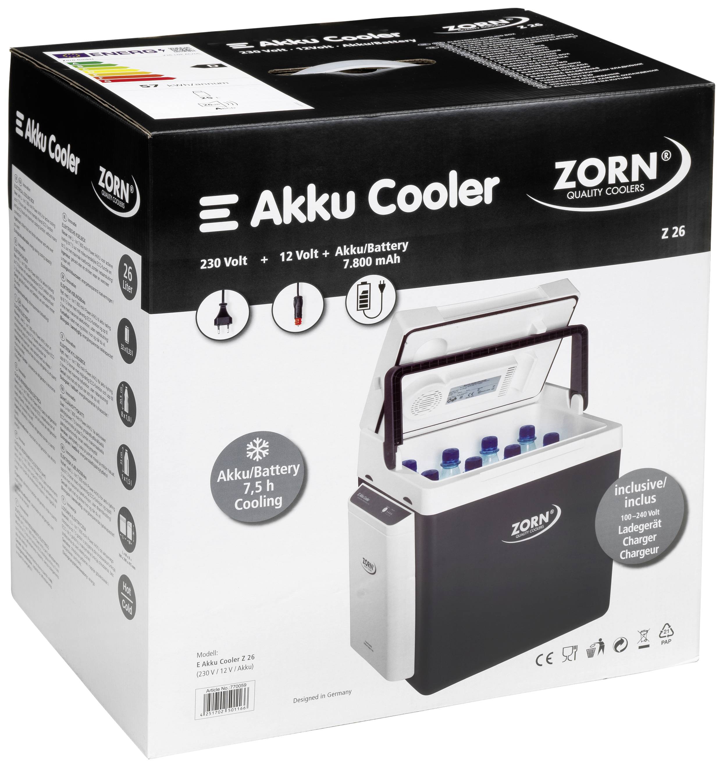 'Akku Cooler' van ZORN; toont een draagbare koelbox met batterijvoeding. Geschikt voor 230 volt, 12 volt, batterij 7.800 mAh, 7,5 uur koeling.