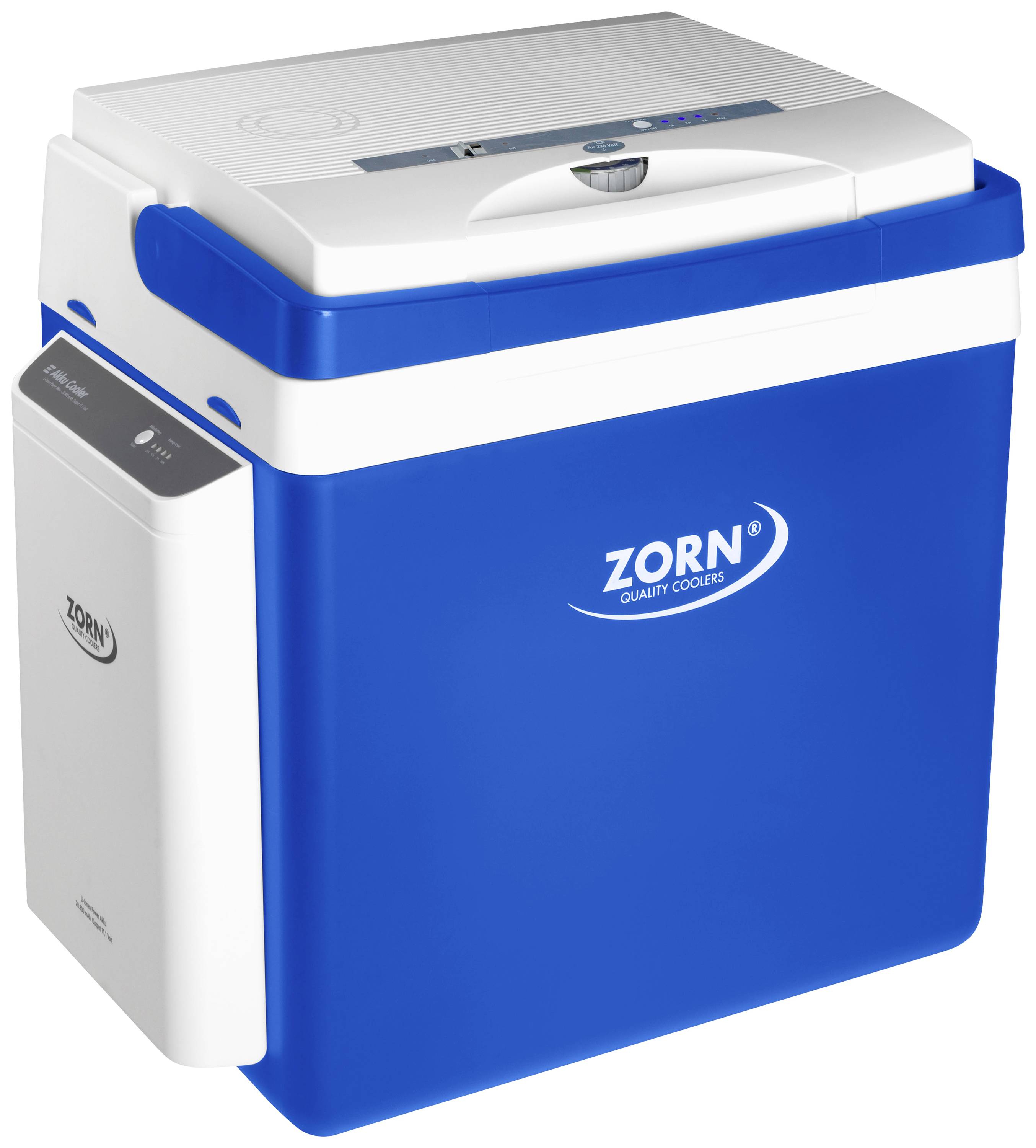 Blauwe koelbox met witte deksel en geïntegreerde handgreep. Aan de zijkant is de merknaam 'Zorn Quality Coolers' zichtbaar.