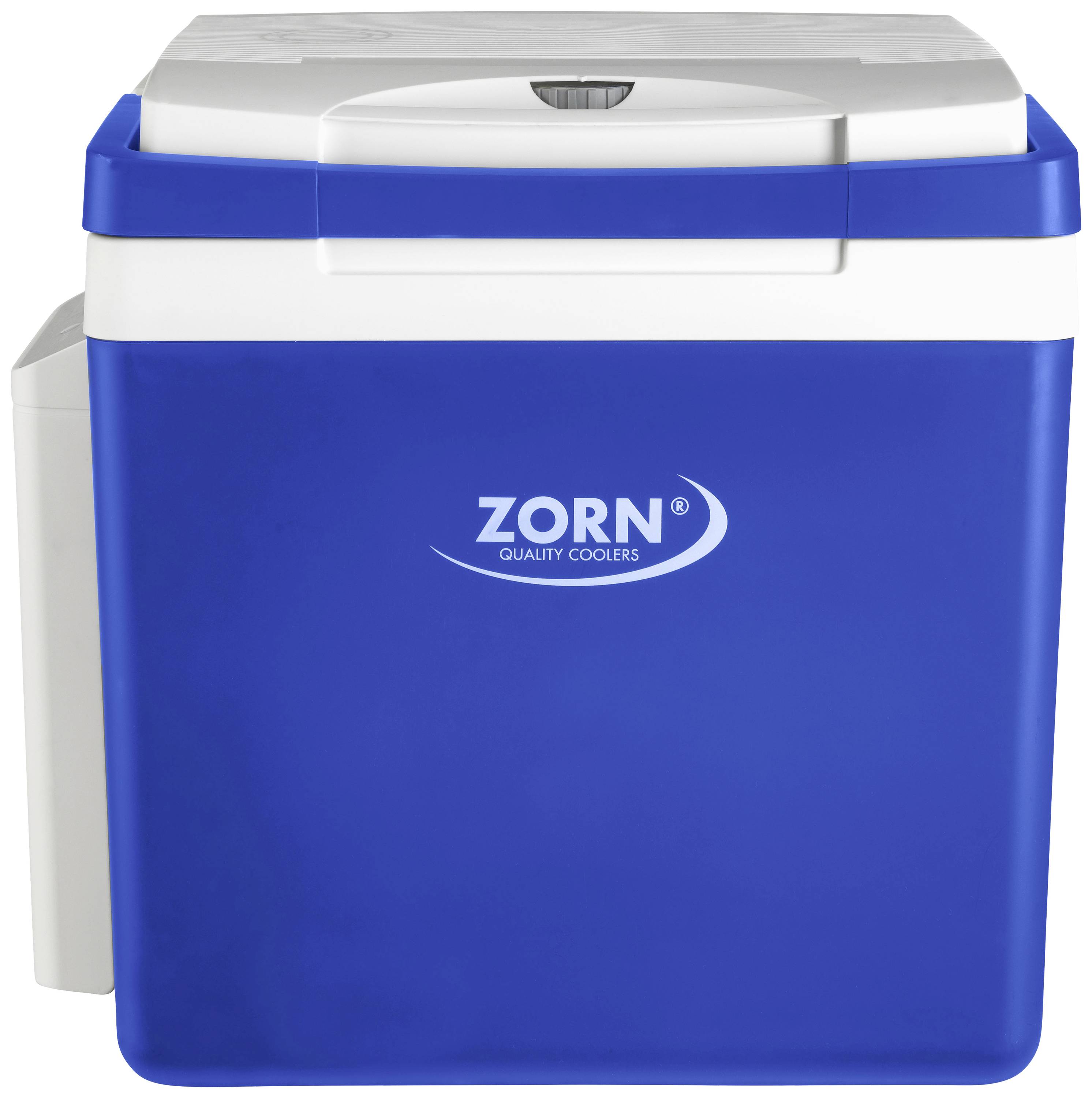 Blauwe koelbox met witte deksel en het opschrift 'ZORN Quality Coolers'. Ideaal voor het transport en koelen van voedsel en dranken.