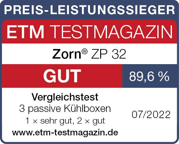 'Zegel van ETM Testmagazin: Beste prijs-kwaliteitverhouding. Zorn ZP 32, Beoordeling: goed (89,6%), Vergelijkende test van passieve koelboxen, Editie 07/2022.'