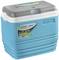 Blauwe koelbox met grijze deksel en handgrepen, opschrift 'Pinnacle 60 uur Cooler, 26,4 QT/25 LTR'.