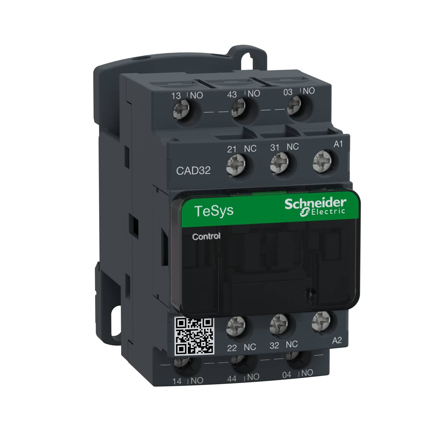 Elektrische contactor van Schneider Electric, model TeSys CAD32, met standaard bedrading en QR-code op de voorkant.