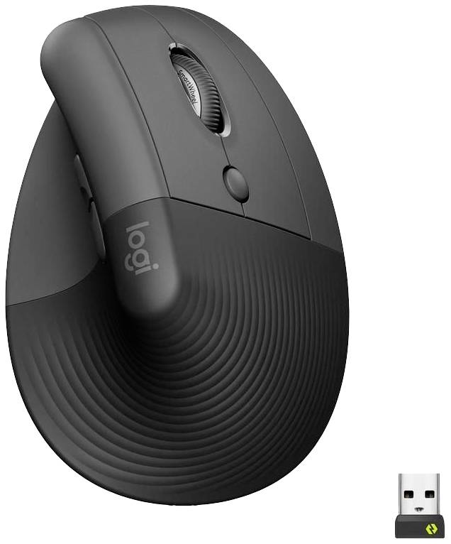 Verticale ergonomische muis in donkergrijs met een gestructureerde oppervlakte. Op de voorgrond: USB-ontvanger. Ontworpen voor polsontlasting.