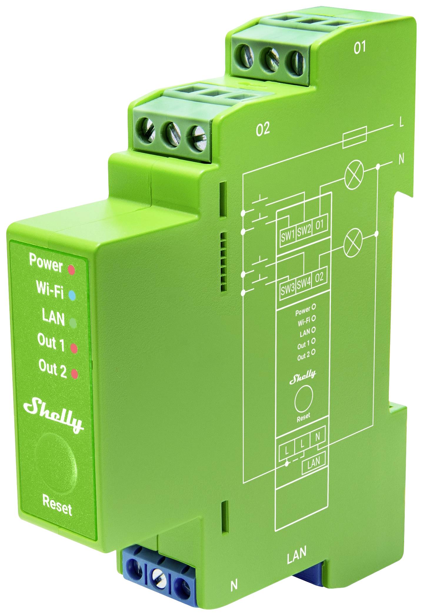 Groen slim relaismodule met etiketten voor Power, Wi-Fi, LAN, Out 1, Out 2 en Reset-knop; schematische tekening rechts.