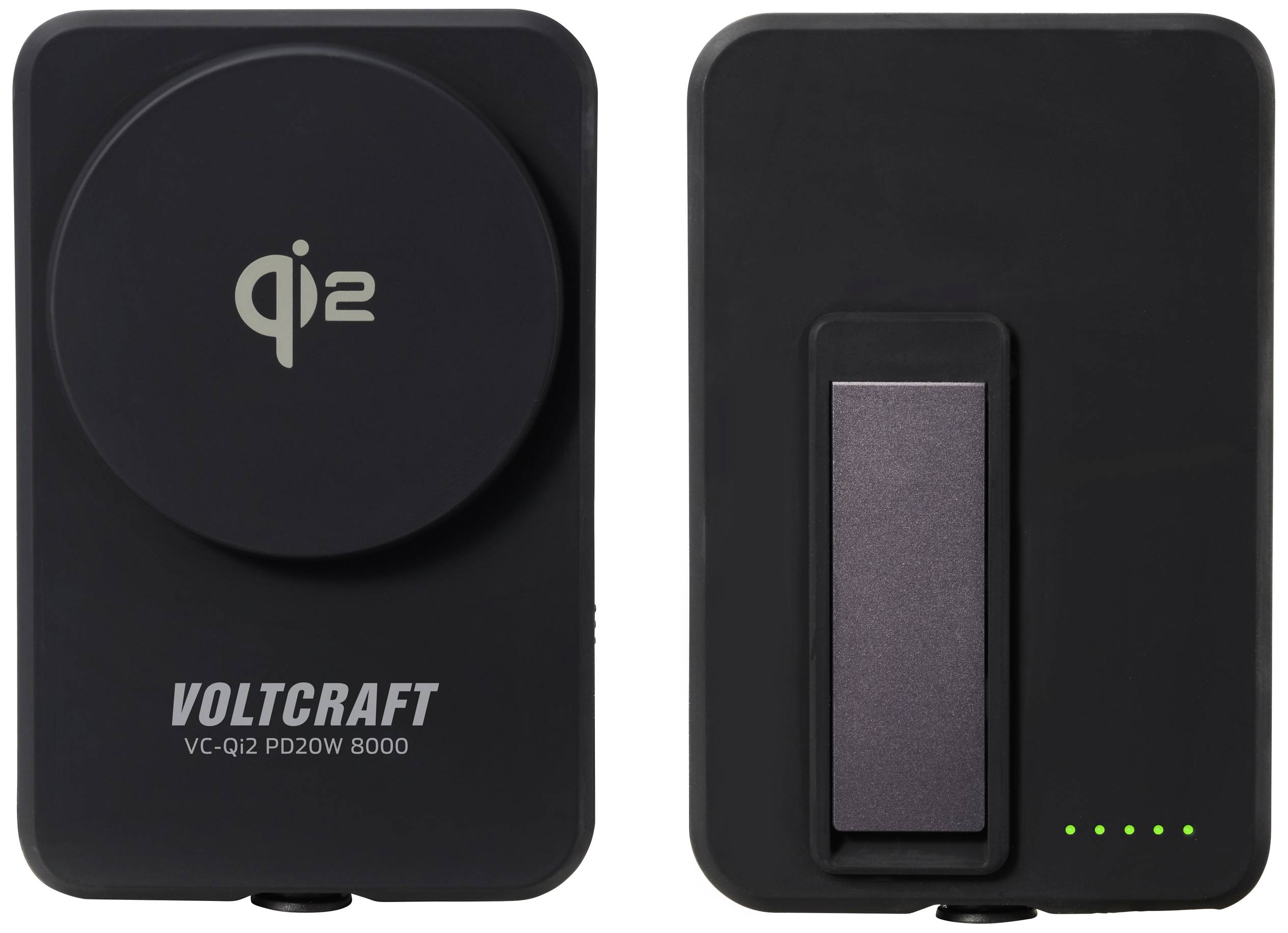 Twee zwarte draadloze opladers van Voltcraft, voor- en achterkant. Links Qi 2-symbool, rechts groene LED-indicatoren voor de batterijstatus.