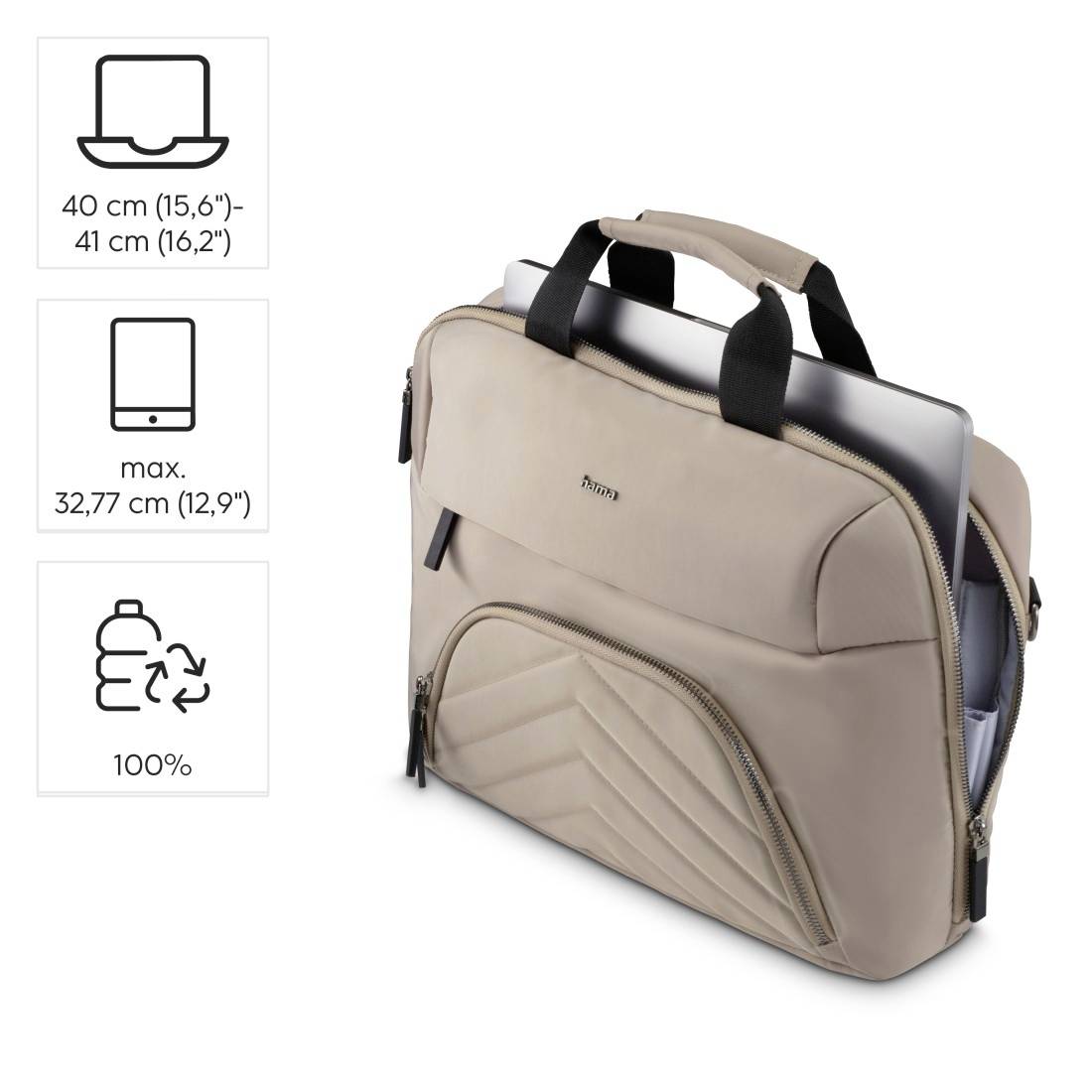 De afbeelding toont een beige laptoptas met handgrepen en ritssluitingsvakken, geschikt voor laptops tot 41 cm. Logo en symbolen voor gerecyclede materialen zijn zichtbaar.
