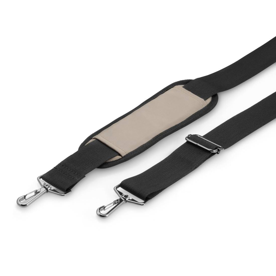 Een zwarte schouderband met zilveren karabiners aan beide uiteinden en een gewatteerd beige gedeelte in het midden.