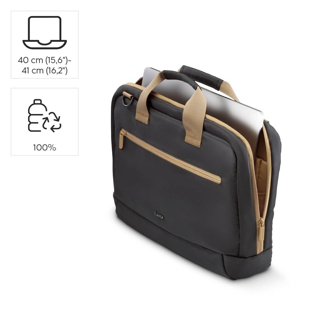 Een zwarte laptoptas met leren details, geschikt voor apparaten tot 41 cm. Ernaast een recycling-symbool met '100%' erop.