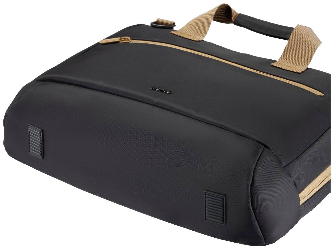 Een zwarte draagtas met bruine handvatten en een ritsvak. Hij is rechthoekig en geschikt voor het vervoeren van laptops.