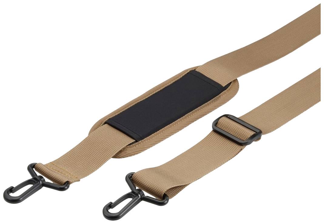 Een beige, verstelbare schouderband met zwarte haken en een gewatteerde schouderpads, geschikt voor tassen of koffers.