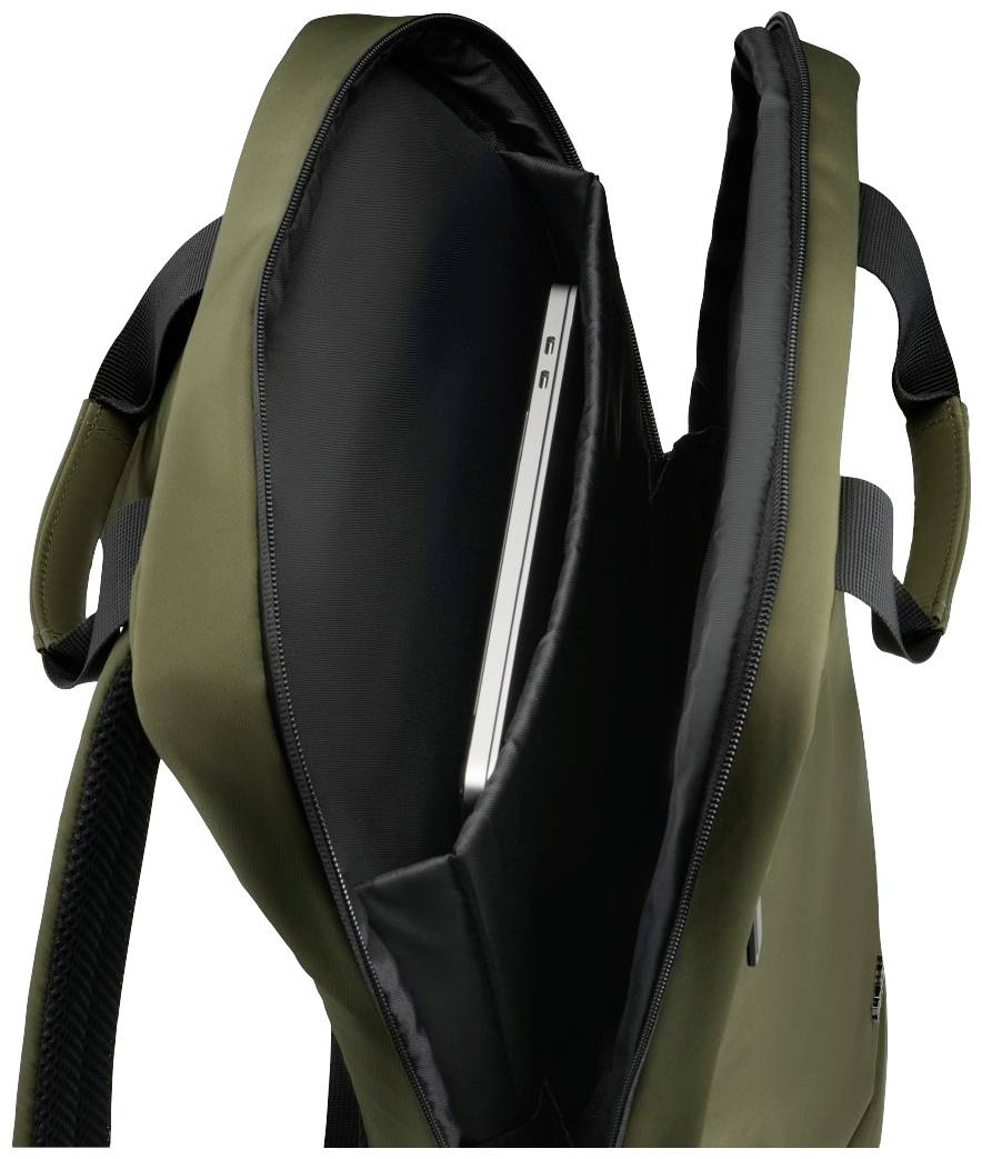 Een olijfgroene rugzak toont een open rits met een zichtbare laptopvak, waarin een laptop is geplaatst.
