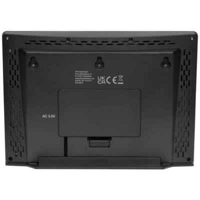 Achterkant van een elektronisch apparaat met CE- en UKCA-certificeringstekens en een aanduiding: 'AC 5.0V'.