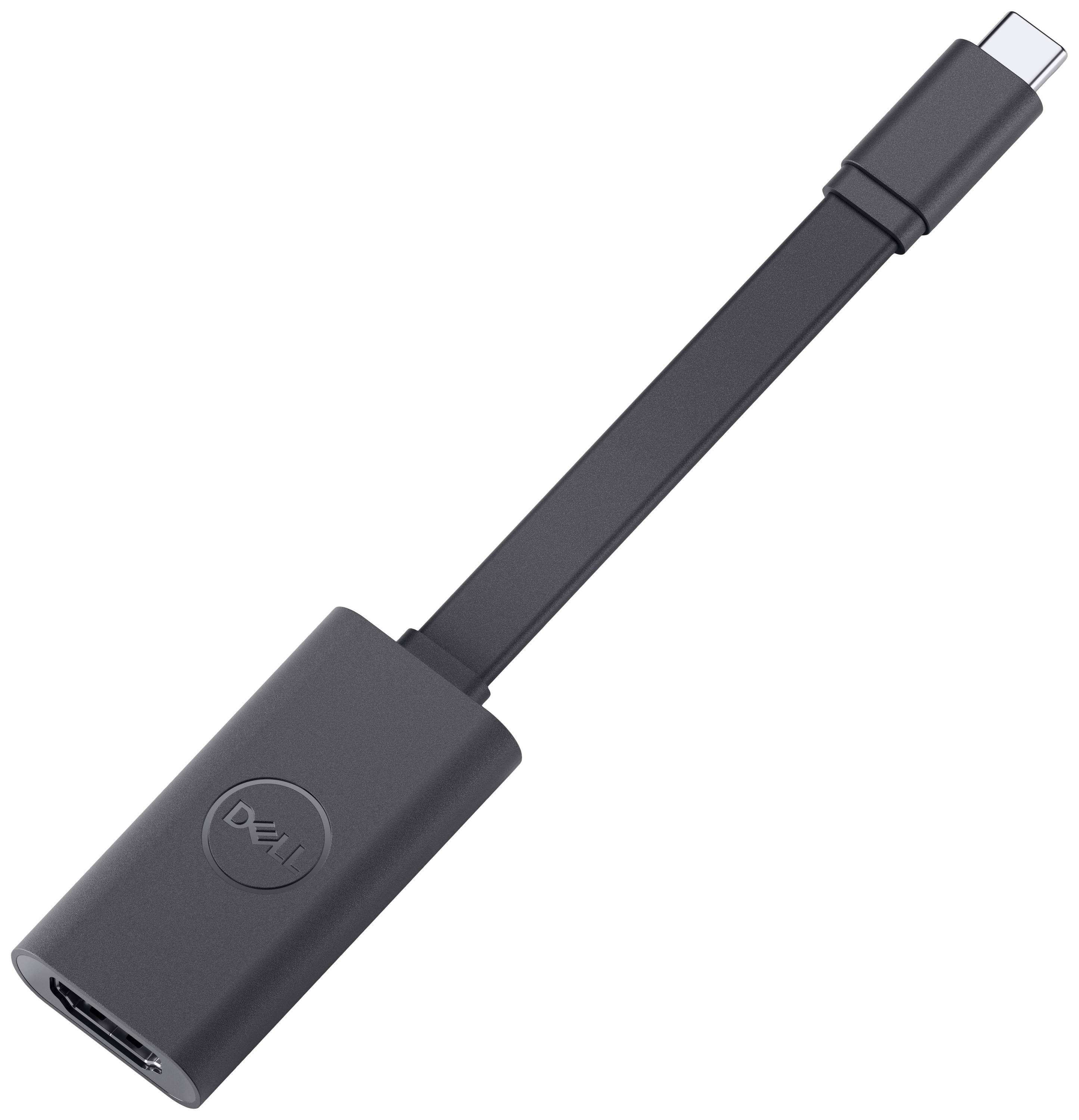 Dell USB-C naar HDMI-adapter. Zwart, rechthoekig ontwerp met een kort kabel. Adapter voor videoweergave op HDMI-schermen.