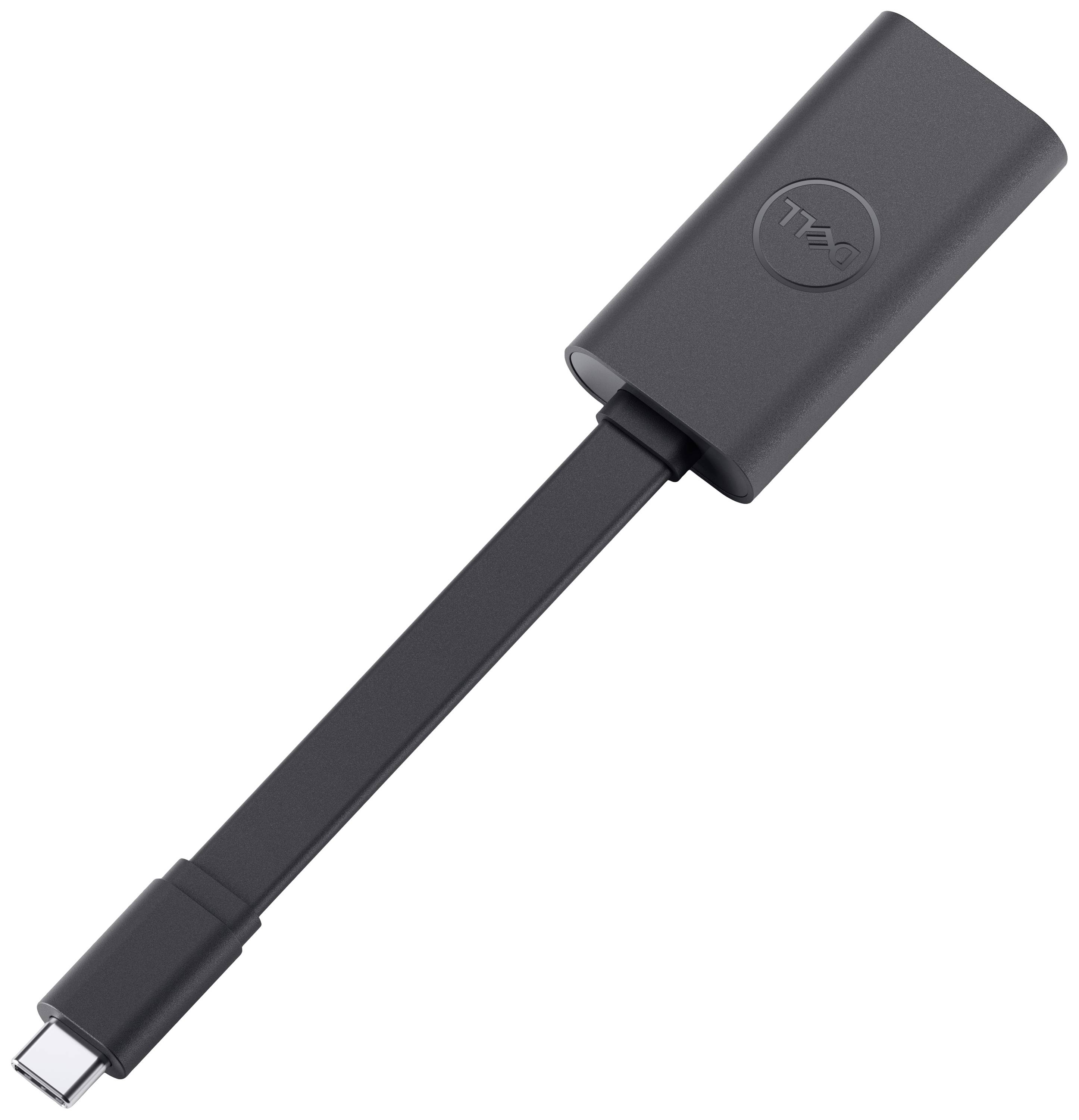 Een zwarte adapter met een USB-C-aansluiting aan de ene kant en een HDMI-uitgang aan de andere kant. Geschikt voor het aansluiten van apparaten.