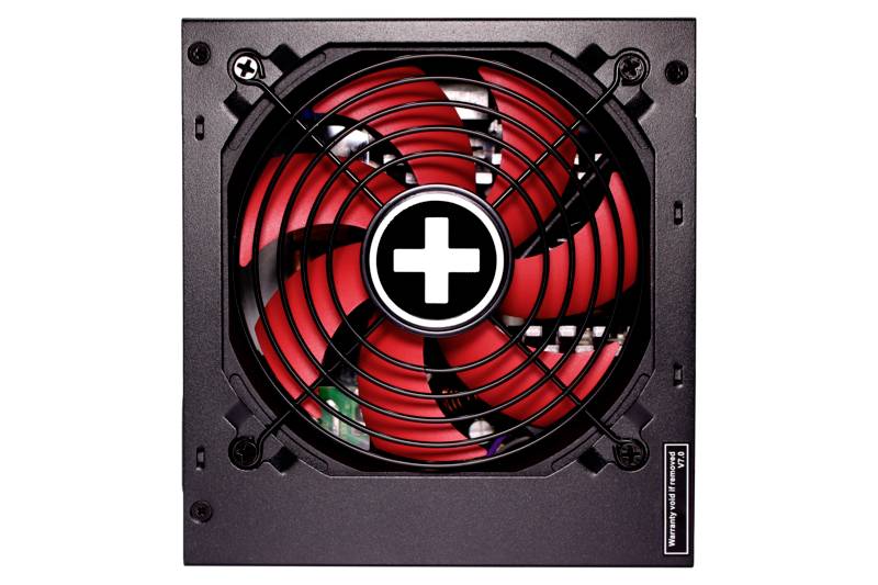 Zwart computervoedingsapparaat met rode ventilator en een wit plus-teken in het midden.