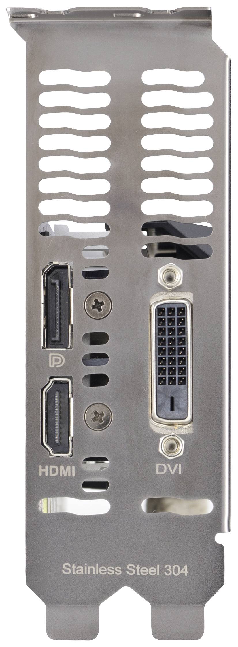 Aansluitplaat van een grafische kaart met HDMI-, DVI- en DisplayPort-aansluitingen. Tekst 'Roestvrij staal 304'.