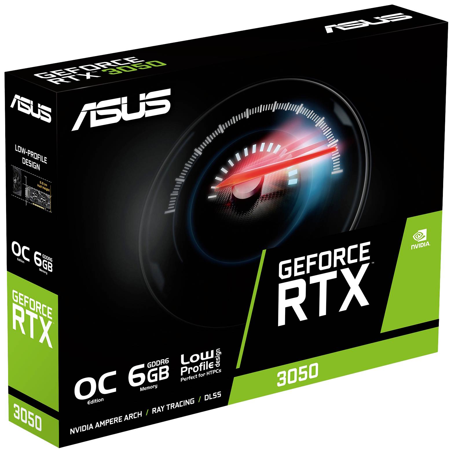 Een ASUS GeForce RTX 3050 videokaart, 6 GB GDDR6, met laag profiel, geschikt voor gaming en veeleisende grafische toepassingen.