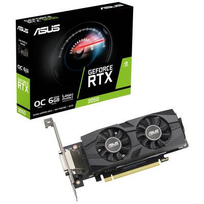 Videokaart ASUS GeForce RTX 3050 met verpakking. Zwart design met twee ventilatoren, geschikt voor gaming en grafische verwerking.