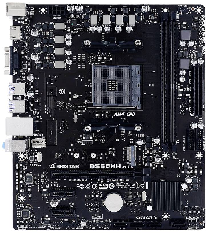 Zwart moederbord met AM4-socket, meerdere PCIe-sleuven en USB-poorten. Fabrikant 'BIOSTAR' is zichtbaar.