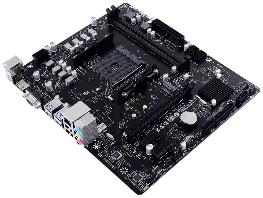 Een zwart computermoederbord met zichtbare sleuven en aansluitingen, ontworpen voor de integratie van hardwarecomponenten.