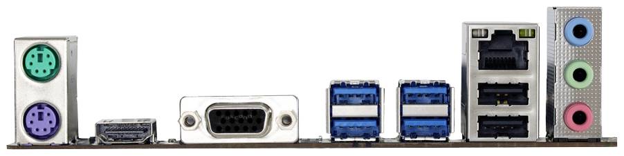 Achterkant van een computermoederbord met verschillende aansluitingen: PS/2, HDMI, VGA, USB, Ethernet en 3,5 mm-audiopoorten.