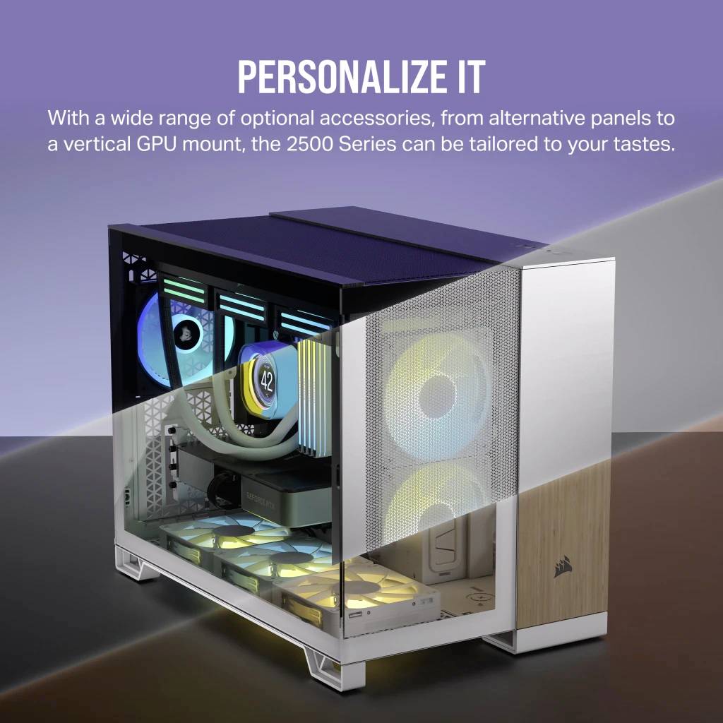 Gaming-PC-behuizing met transparant zijpaneel, getoond met RGB-verlichting en de tekst 'Personaliseer Het', verwijzend naar aanpassingsmogelijkheden.