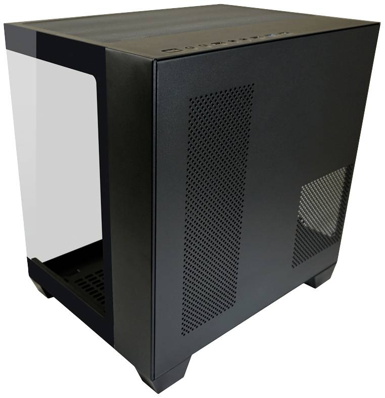 Zwart, rechthoekig computerbehuizing met zijraam en ventilatierooster. Geschikt voor pc-componenten met goede ventilatie.