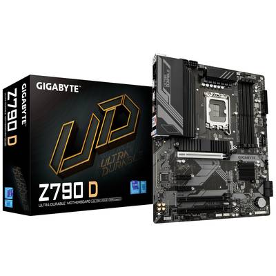 Moederbord Gigabyte Z790 D en verpakking. Product presenteert hoofdkaart voor computer, benadrukt duurzame technologie.
