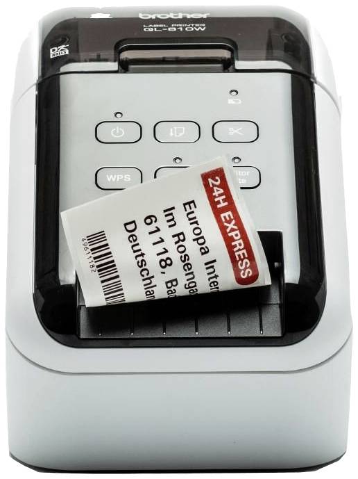 Een etikettenprinter drukt een etiket met de tekst 'Europa Inn, Rosengarten, 61118 Bad Vilbel, Duitsland, 24U EXPRESS'.