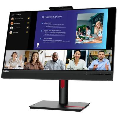 Computerscherm toont een virtuele vergadering met vijf deelnemers. Aan de rechterkant zijn presentatiedia's met de titel 'Bedrijfsupdate'.
