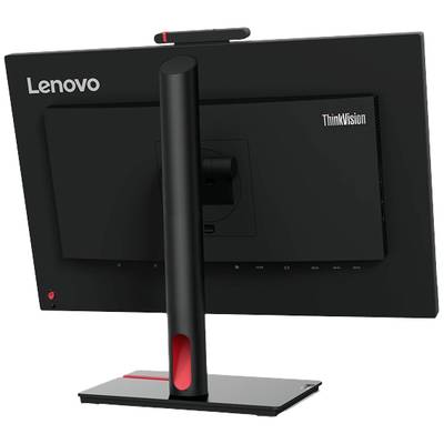 Een zwarte Lenovo ThinkVision-monitor van achteren, met opvallende voet en camera bovenaan. Merknaam zichtbaar.