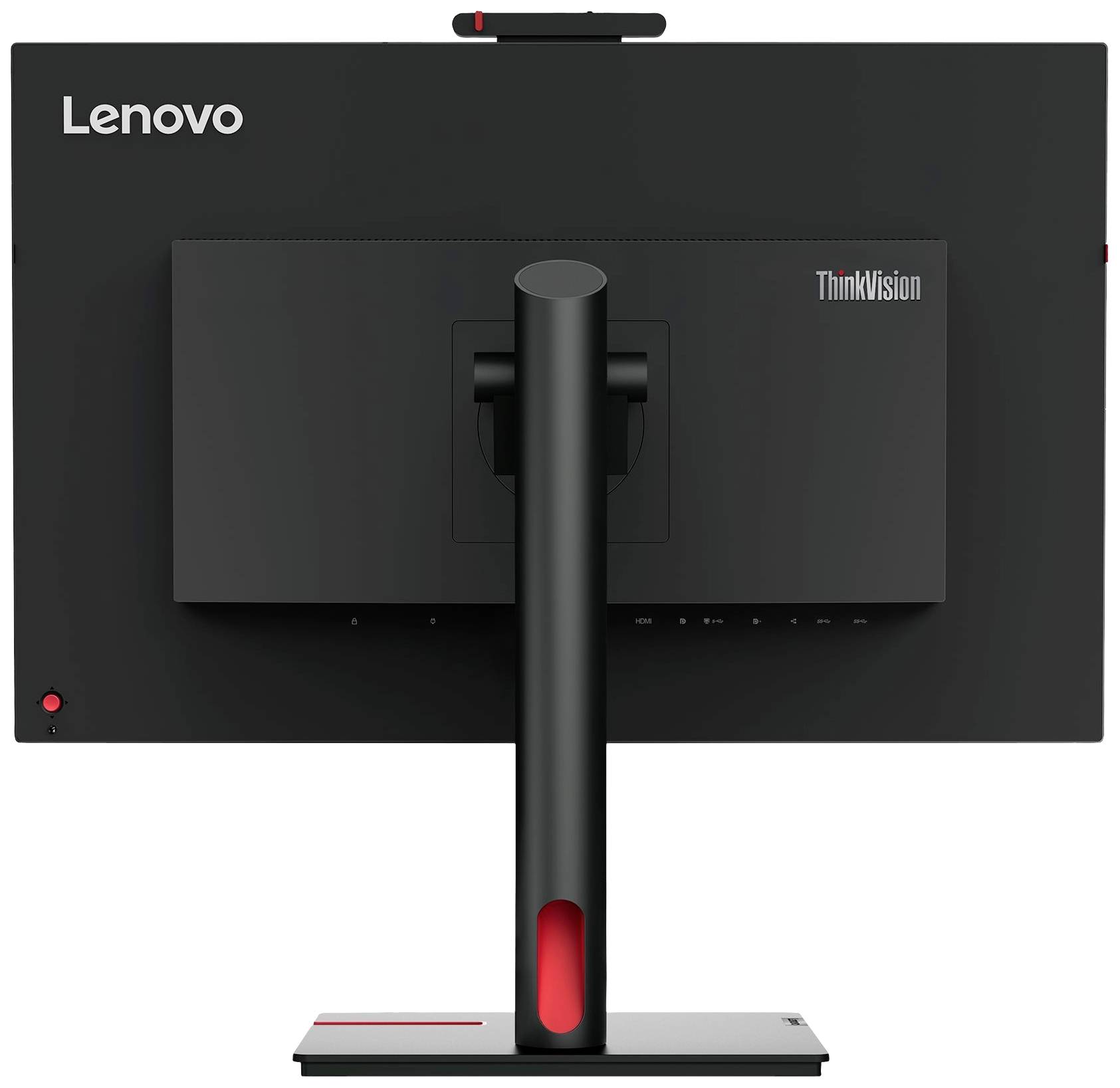 'Achterkant van een Lenovo ThinkVision monitor met een zwarte behuizing, rode accent op de voet en zichtbare merkenlogo's.'
