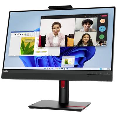 Een monitor toont een videogesprek met vier personen. Rechts is een gedigitaliseerd document zichtbaar. De gebruikersinterface is Windows 11.